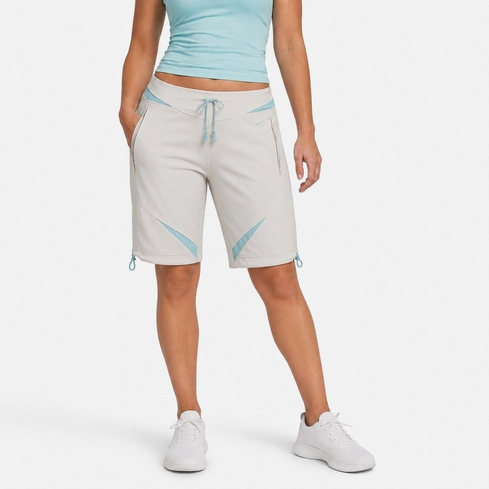 Vintage Y2K Nike Fit Dry Womens L 12-14 White Aqua Bermuda Shorts Zip Pocket